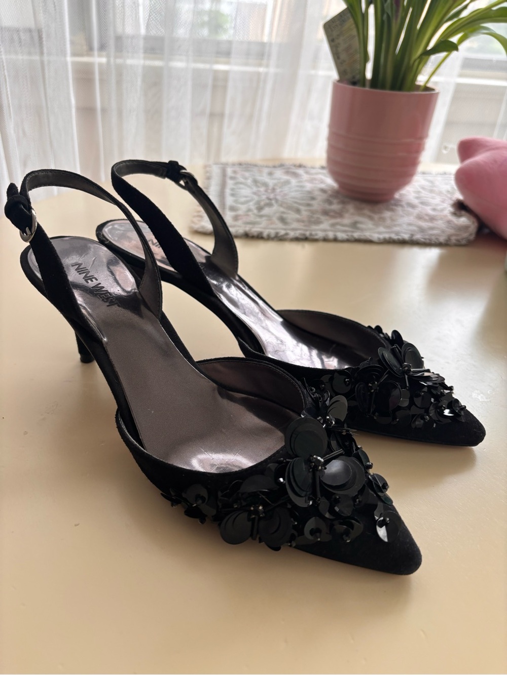 Nine West Black Sequin Floral Slingback Heels